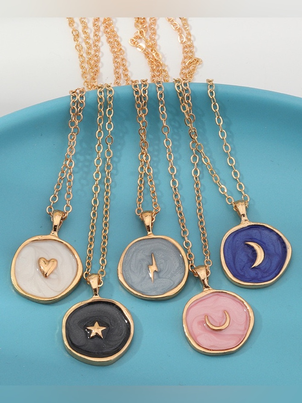 Gold Pendant Necklace with Enamel Pendant Crescent Moon Star Heart
